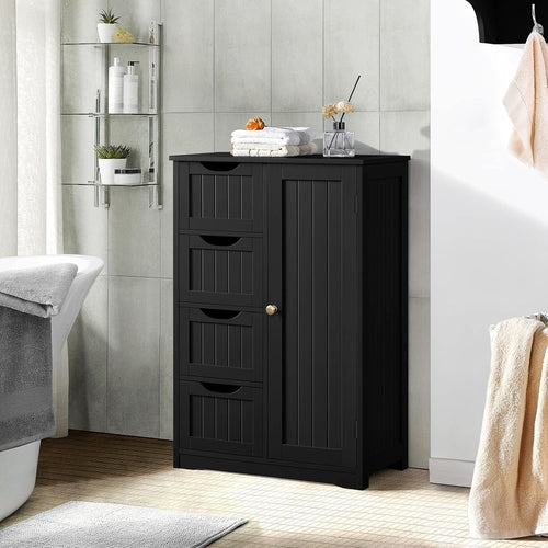 Wooden Bathroom Floor Storage Cabinet With 4 Drawers And Cupboard