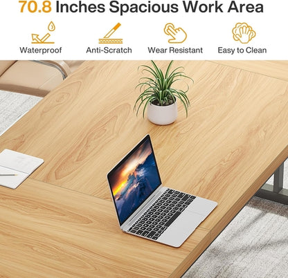70.8 Inch Executive Desk Light Walnut Black Large Computer Office Desk