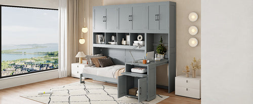 Twin Size Murphy Bed Wall Bed with Closet , Drawers & Desk-Gray
