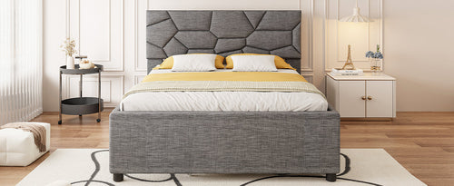Queen Size Upholstered Platform Bed with Brick Pattern Headboard and