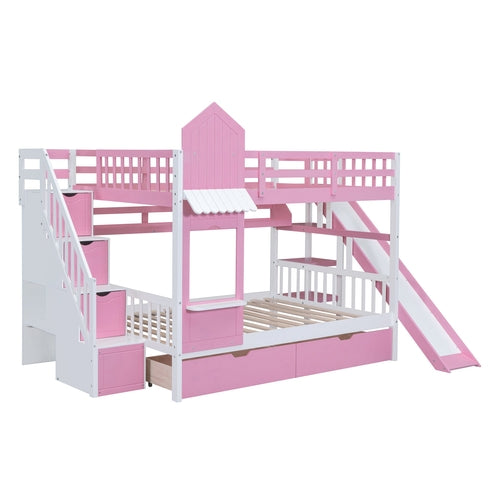 Full-Over-Full Castle Style Bunk Bed with 2 Drawers, 3 Shelves and