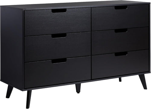 Modern Six Drawer Dresser Black 52 Inch Bedroom Storage