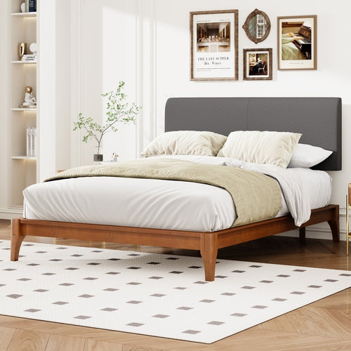 Full Size Solid Dry Bamboo Wood 12 Inch Platform Bed, with Gray Curved
