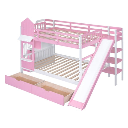 Full-Over-Full Castle Style Bunk Bed with 2 Drawers, 3 Shelves and