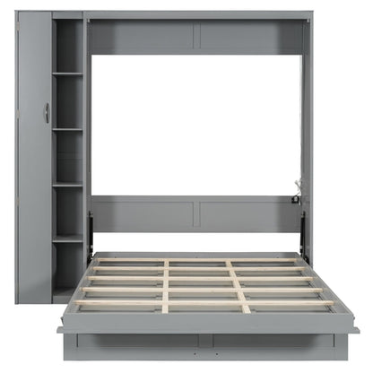 Queen Size Murphy Bed Wall Bed with Shelves, Wardrobe and LED Lights