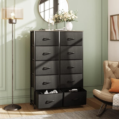 Tall Black Dresser With 10 Drawers And Fabric Bins Storage Organizer