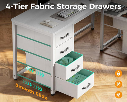 L Shaped Computer Desk 6 Drawers Power Outlet 55In White