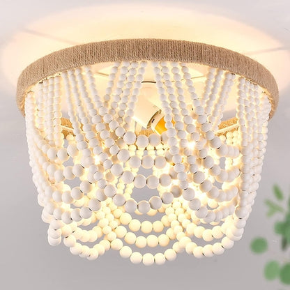 Wood Beaded Flush Mount Ceiling Light Antique Rustic Mini Chandelier