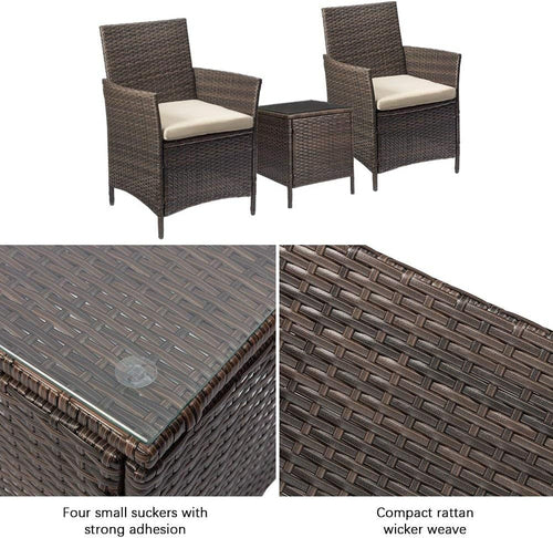 3 Piece PE Rattan Patio Set With Glass Table Brown