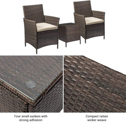 3 Piece PE Rattan Patio Set With Glass Table Brown