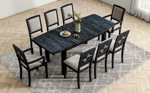Rustic Extendable Dining Table Set with Removable Leaf, 6 Upholstered