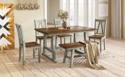 6-Piece Wood Dining Table Set with Long Bench and 4 Dining Chairs,