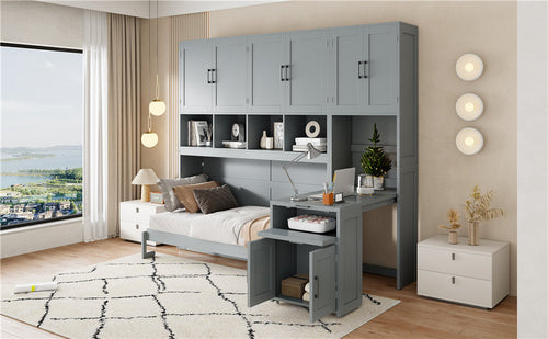 Twin Size Murphy Bed Wall Bed with Closet , Drawers & Desk-Gray