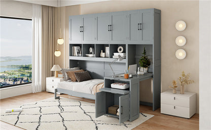 Twin Size Murphy Bed Wall Bed with Closet , Drawers & Desk-Gray