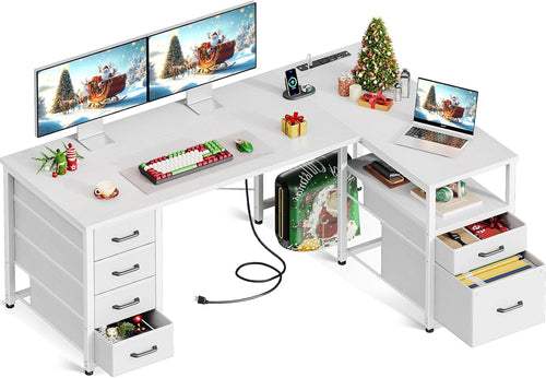 L Shaped Computer Desk 6 Drawers Power Outlet 55In White