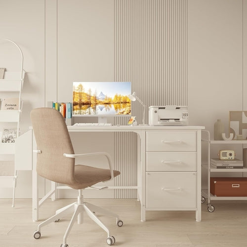 47 Inch White Computer Desk With Fabric File Drawers