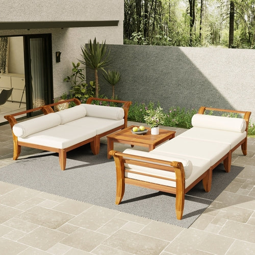 6 Piece Patio Sofa Set, Acacia Wood Outdoor Modular Sectional Garden