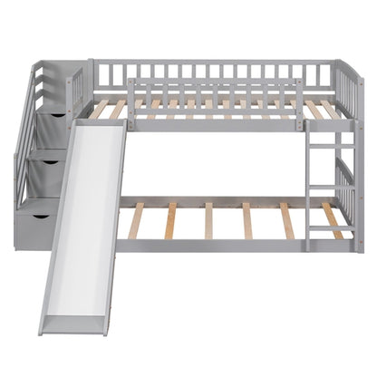 Stairway Twin over Twin Bunk Bed with Two Drawers and Slide, Gray