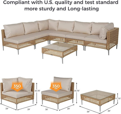7 Piece Wicker Patio Set Water Resistant Cushions Beige