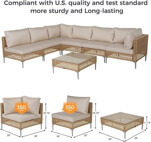 7 Piece Wicker Patio Set Water Resistant Cushions Beige