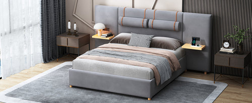 Upholstered Platform Bed with Outlets, USB Ports, Pillows and Storage