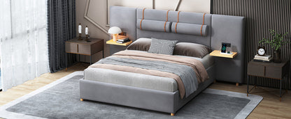 Upholstered Platform Bed with Outlets, USB Ports, Pillows and Storage