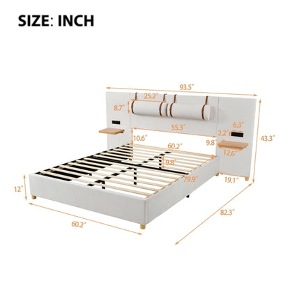 Upholstered Platform Bed with Outlets, USB Ports, Pillows and Storage