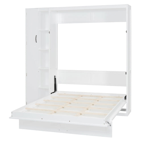 Queen Size Murphy Bed Wall Bed with Shelves, Wardrobe and LED Lights