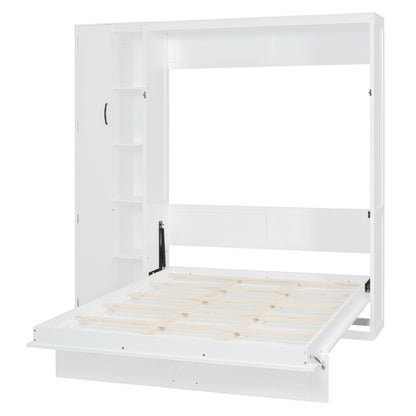Queen Size Murphy Bed Wall Bed with Shelves, Wardrobe and LED Lights