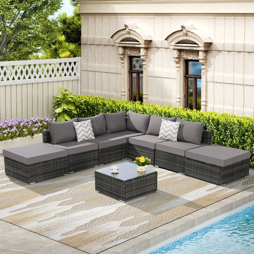 8 Piece Outdoor Patio Sectional Sofa Set – Wicker Conversation Set