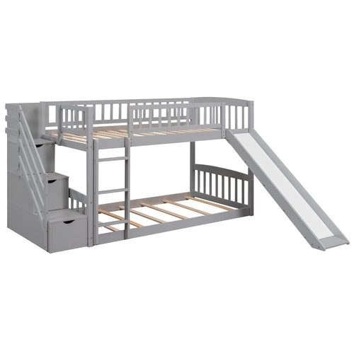 Stairway Twin over Twin Bunk Bed with Two Drawers and Slide, Gray