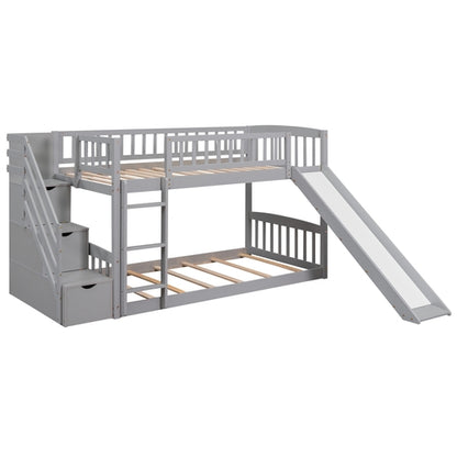 Stairway Twin over Twin Bunk Bed with Two Drawers and Slide, Gray