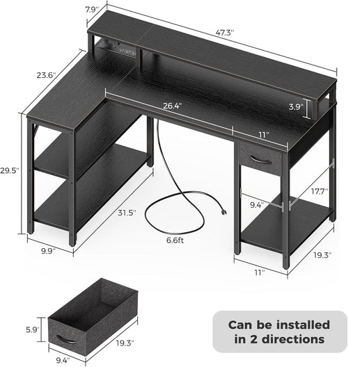 47 Inch L Shaped Desk With LED Lighting And Power Outlets