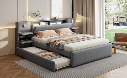 Queen Size Upholstered Platform Bed with Reading Lights, Drawers,