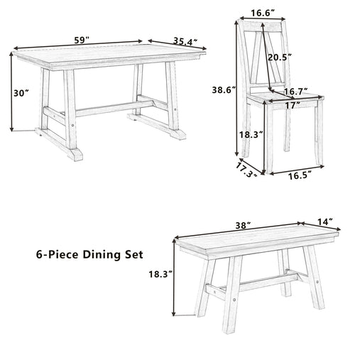 6-Piece Wood Dining Table Set with Long Bench and 4 Dining Chairs,