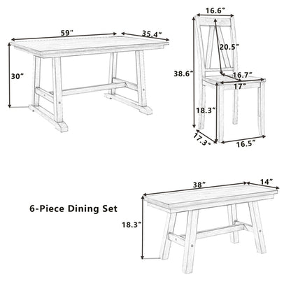6-Piece Wood Dining Table Set with Long Bench and 4 Dining Chairs,