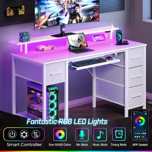 Computer Desk 47.2" with LED Lights & Power Outlets, Home Office Desk