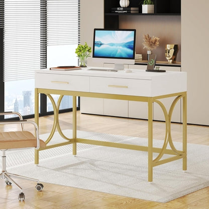 41 Inch White And Gold Computer Desk With 2 Drawers