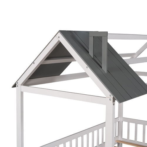Twin Size Wood House Bed with Fence,White+Gray