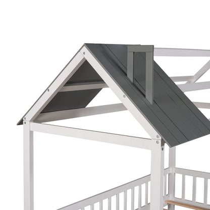 Twin Size Wood House Bed with Fence,White+Gray