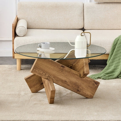 Modern Round Glass Coffee Table – 33.4" Tempered Glass Top with MDF