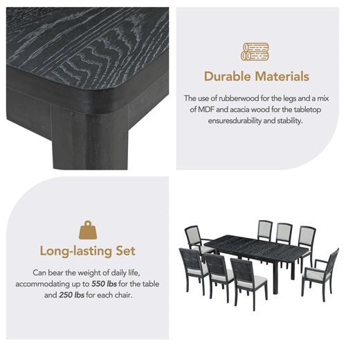 Rustic Extendable Dining Table Set with Removable Leaf, 6 Upholstered