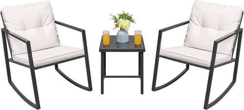 Beige 3 Piece Rocking Wicker Bistro Set With Glass Coffee Table For