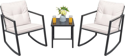 Beige 3 Piece Rocking Wicker Bistro Set With Glass Coffee Table For