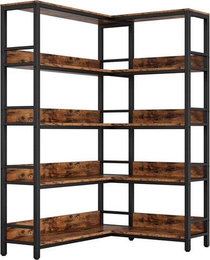 5-Tier Industrial Corner Bookcase With Metal Frame