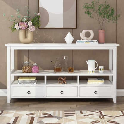 Vintage White Console Table With Storage Drawers And Shelves