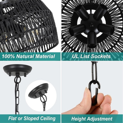 5-Light Black Rattan Chandelier Farmhouse Dining Room