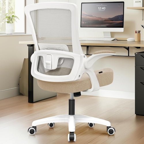 Beige High Back Mesh Office Chair With Adjustable Height And Ergonomic