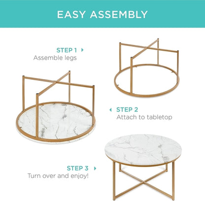 Round Coffee Table With Faux Marble Top Cross Leg Design