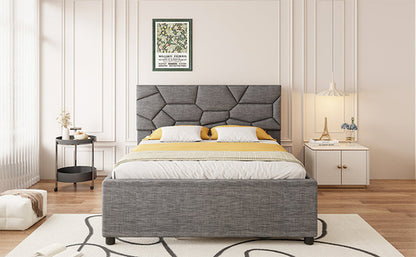 Queen Size Upholstered Platform Bed with Brick Pattern Headboard and